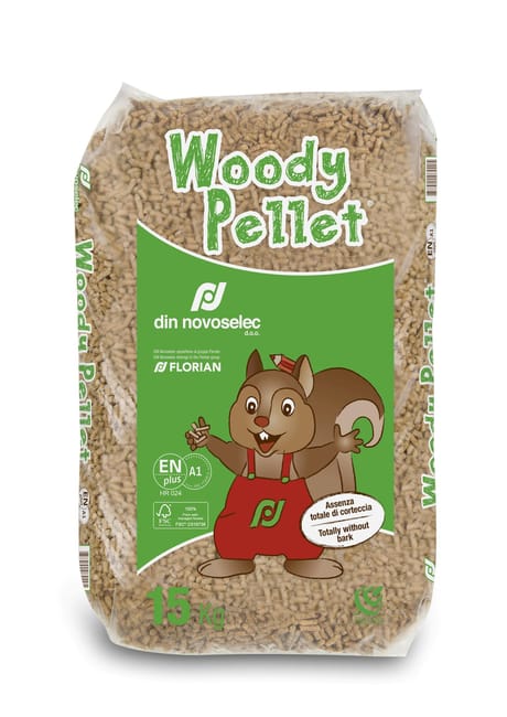 Pellet Woody 15 kg da legni non resinosi certificato EN PLUS A1 - Bancale da 77 sacchi